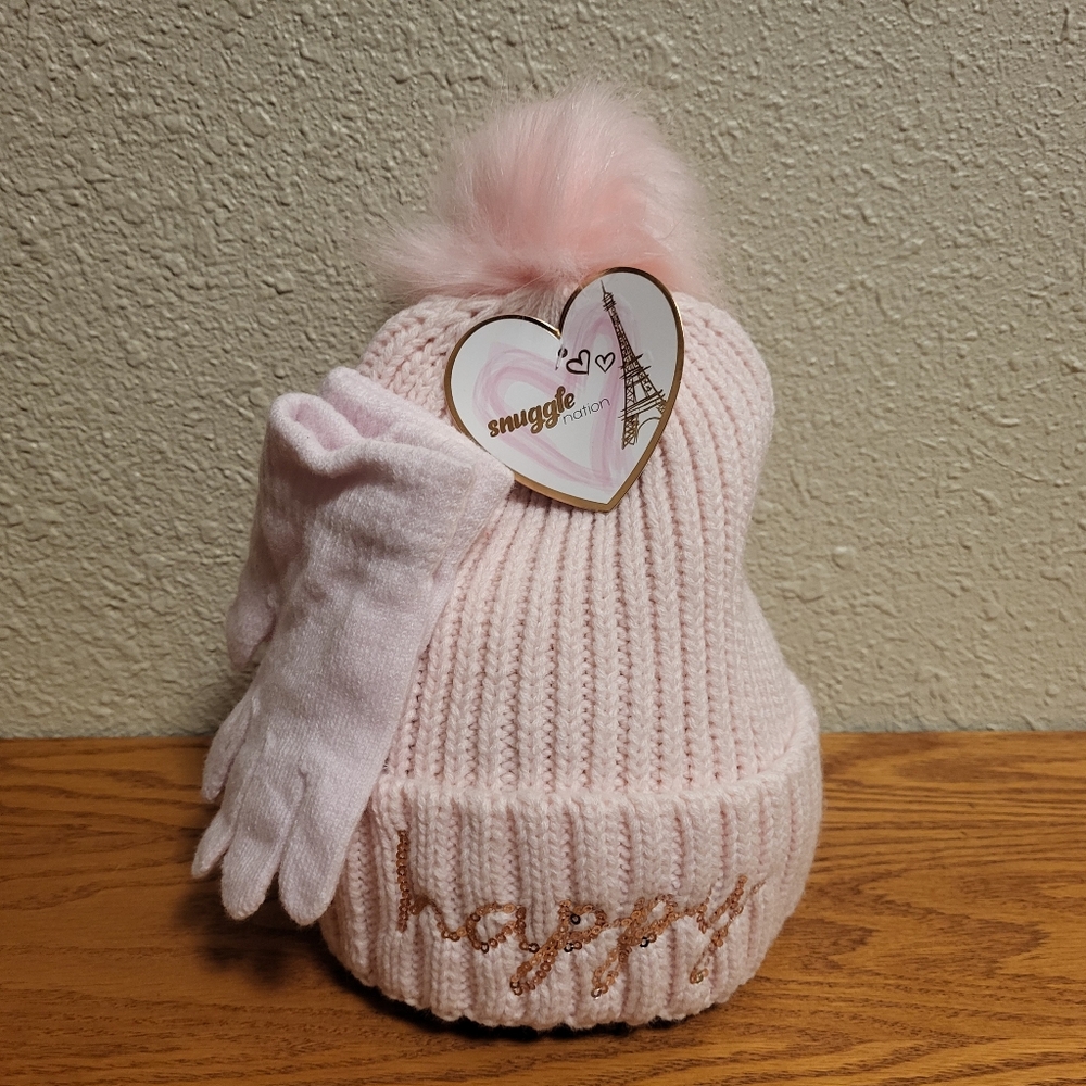 NWT Snuggle Nation "happy" Pink Knit Pom Pom Beanie and Mittens